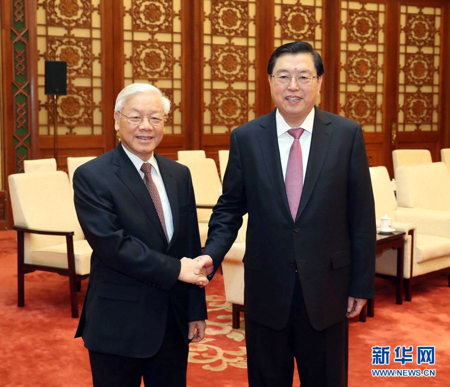 1月13日，中共中央政治局常委、全國人大常委會委員長張德江在北京人民大會堂會見越共中央總書記阮富仲。 新華社記者 劉衛(wèi)兵 攝