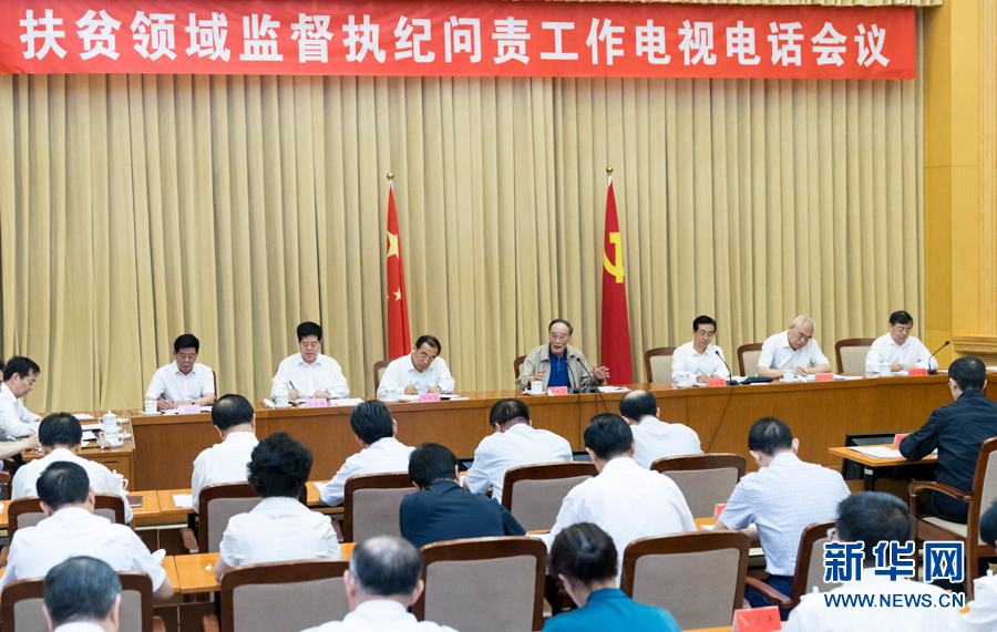 7月3日，中共中央政治局常委、中央紀委書記王岐山在北京出席扶貧領(lǐng)域監(jiān)督執(zhí)紀問責工作電視電話會并講話。 新華社記者丁海濤攝