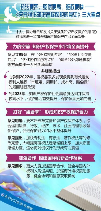 （圖表）[新華調(diào)查]執(zhí)法更嚴(yán)、賠償更高、維權(quán)更快——《關(guān)于強(qiáng)化知識(shí)產(chǎn)權(quán)保護(hù)的意見(jiàn)》三大看點(diǎn)