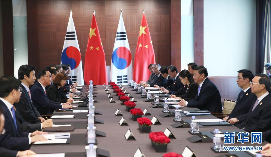 7月4日，國家主席習(xí)近平在首爾會(huì)見韓國總理鄭烘原。 新華社記者謝環(huán)馳攝 