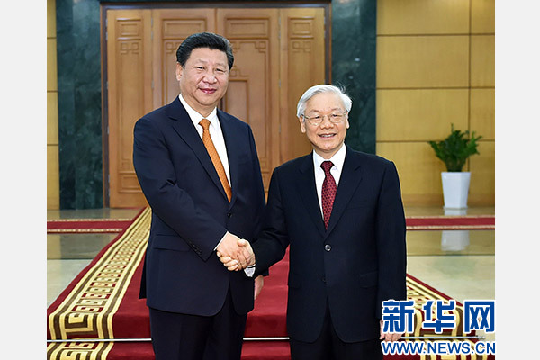 11月5日，中共中央總書記、國家主席習近平在河內(nèi)同越共中央總書記阮富仲舉行會談。 新華社記者李濤攝