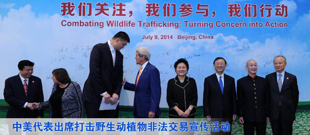 劉延?xùn)|、楊潔篪同美國國務(wù)卿克里共同出席中美打擊野生動植物非法交易宣傳活動（圖）